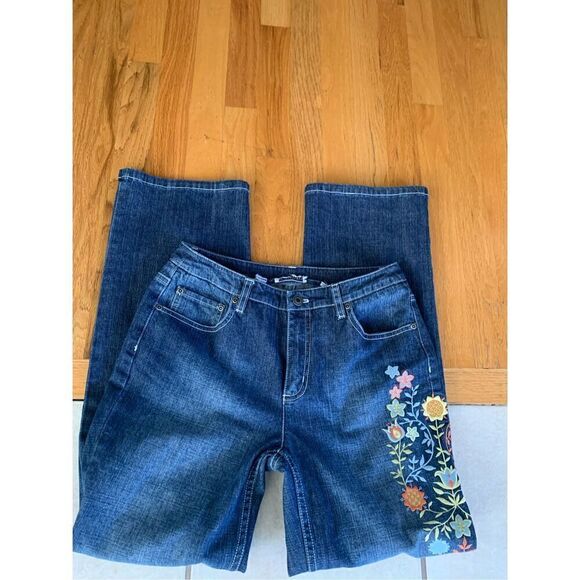 TALBOTS STRETCH JEANS PANTS EMBROIDERED LEG BLUE DISTRESSED - Picture 5 of 6